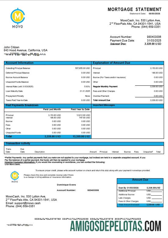 Extrato de hipoteca do banco MOVO dos EUA em formatos Word e PDF amostra